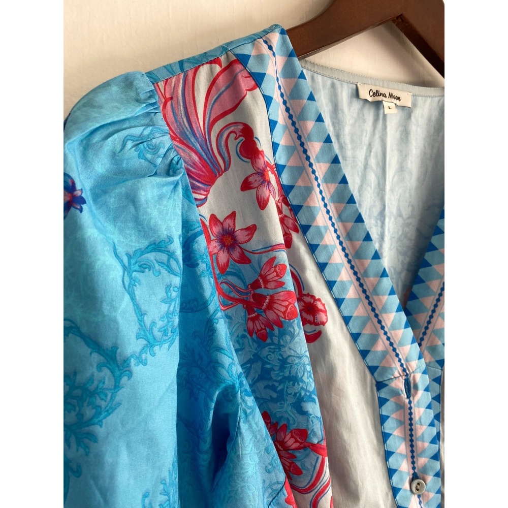 Celina Moon Cotton Floral Maxi Dress Womens Large L Blue Pink Long Sleeve Belted